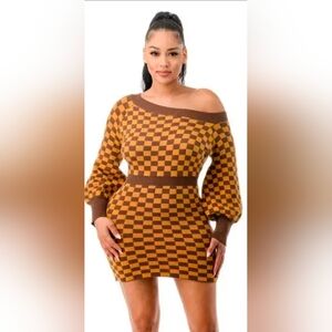 Checkered Off-Shoulder Sweater - Brown and Tan